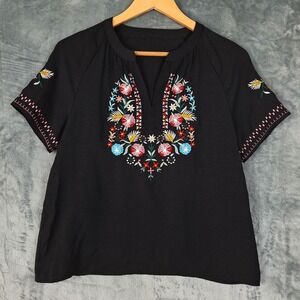 Womens Top Medium Black Boho Embroidered Floral Peasant Folk Dark Cottagecore‎